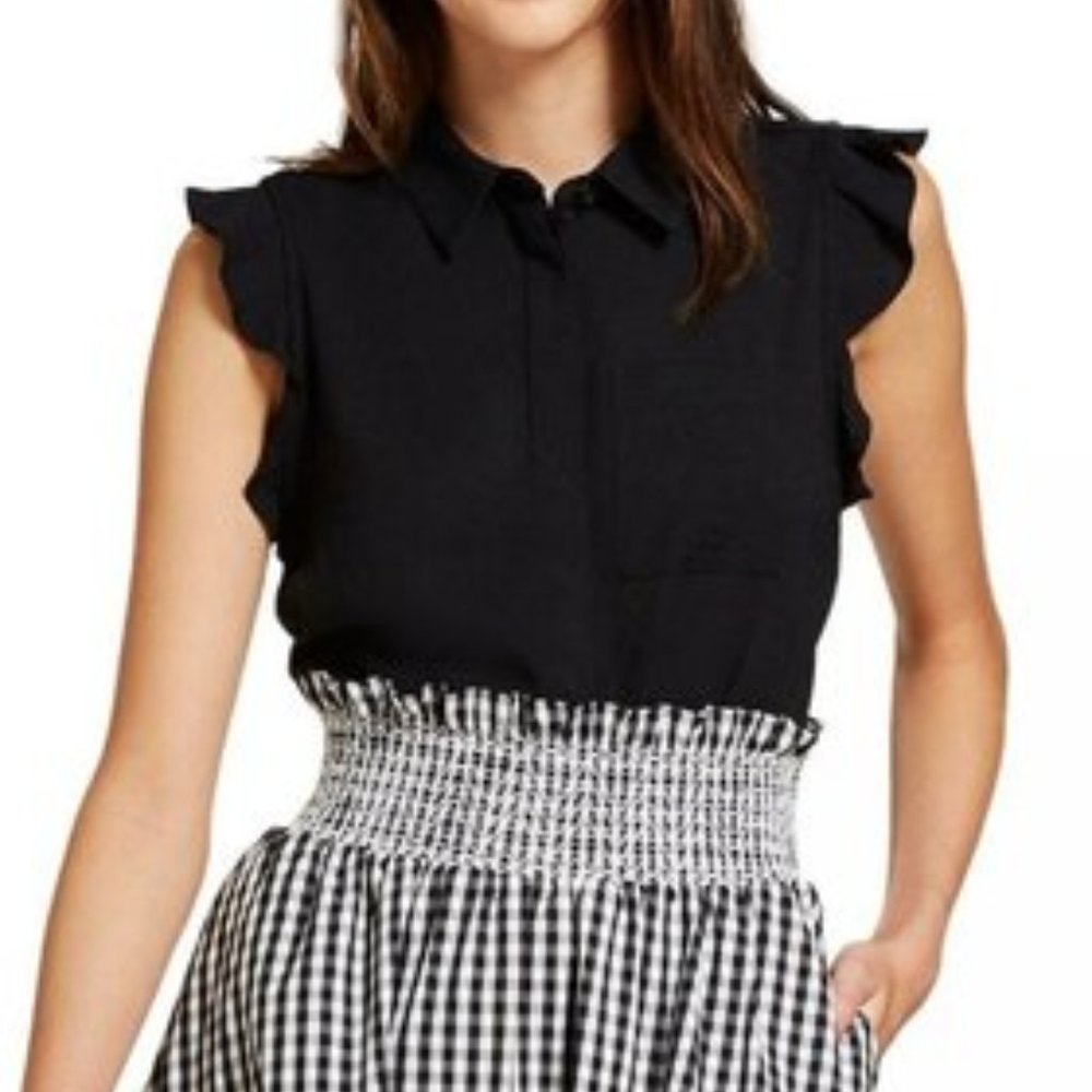 Black Flutter Sleeve Linen-Look Button Down Top